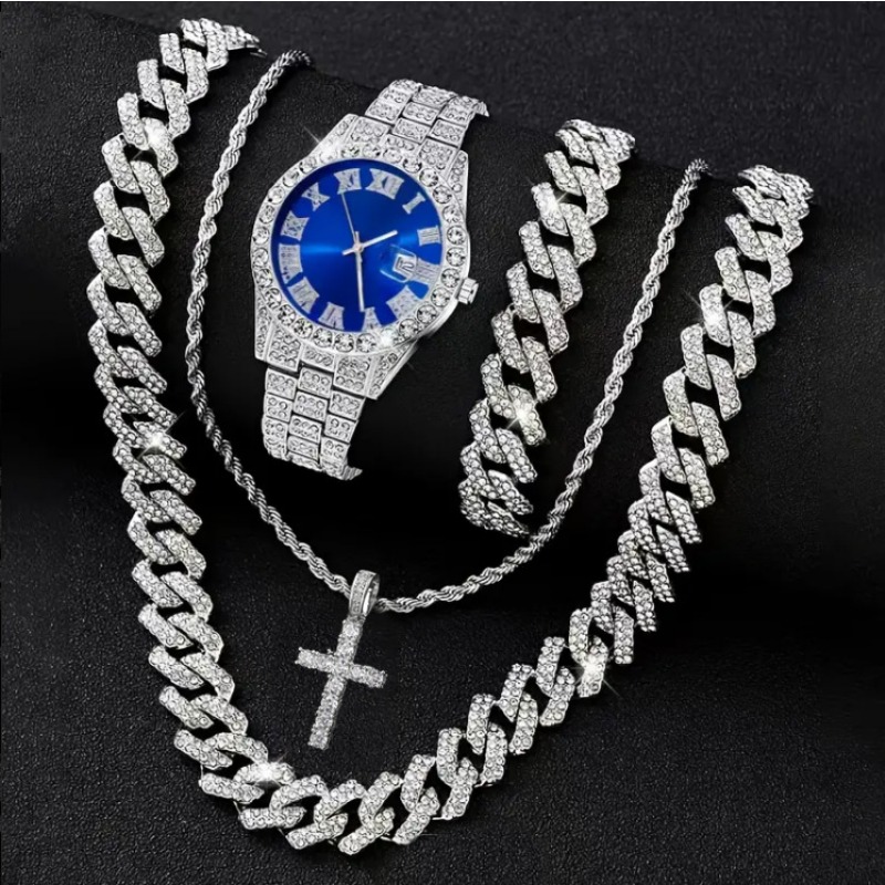 Icebox Jewelry Watches - 3/4-teiliges Hip-Hop Iced Out Herren-Uhren-Schmuckset, luxuriöse