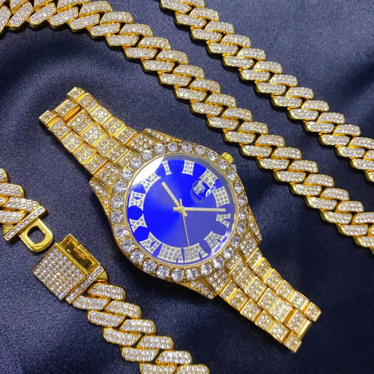 Icebox Jewelry Watches - 3-teiliges Hip-Hop Kalenderuhr-Halsketten-Armband-Schmuckset für Herren –